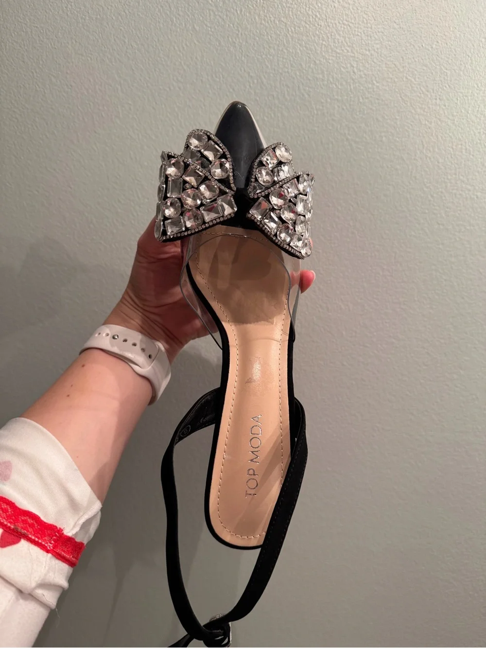 TOP Moda Black Pointed Slingback Heels with Crystal Bow